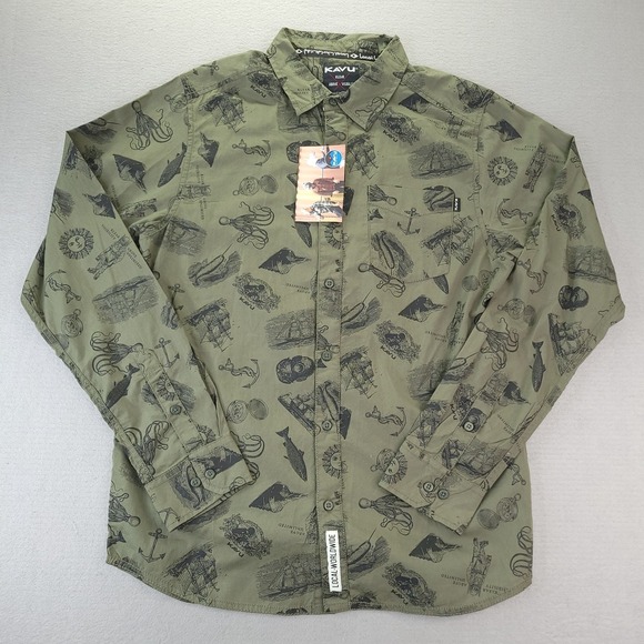 Kavu Other - Kavu Shirt Men Small Olive Green Nautical Hootenanny All Over Print Kraken Diver